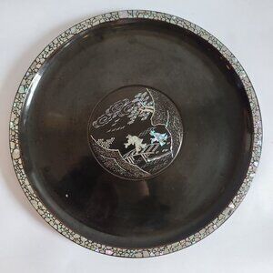 Vintage Japanese abalone shell black lacquer large round plate charger, scene